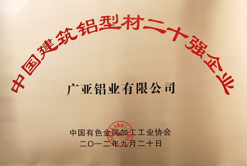 中国建筑铝型材二十强企业牌匾