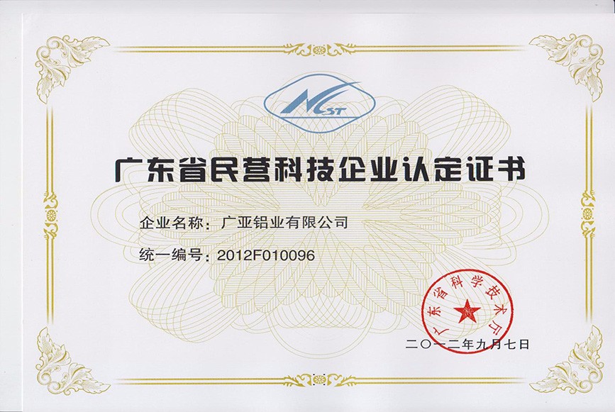 2012年广东省民营企业科技企业认定证书